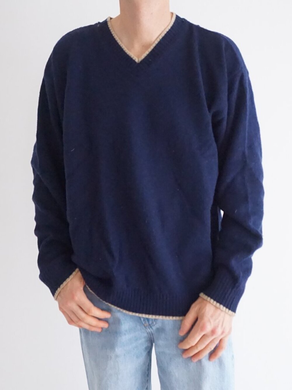 Vintage 90s Northern Elements Navy V Neck Knit Sweater Contrast Trim Pullover L